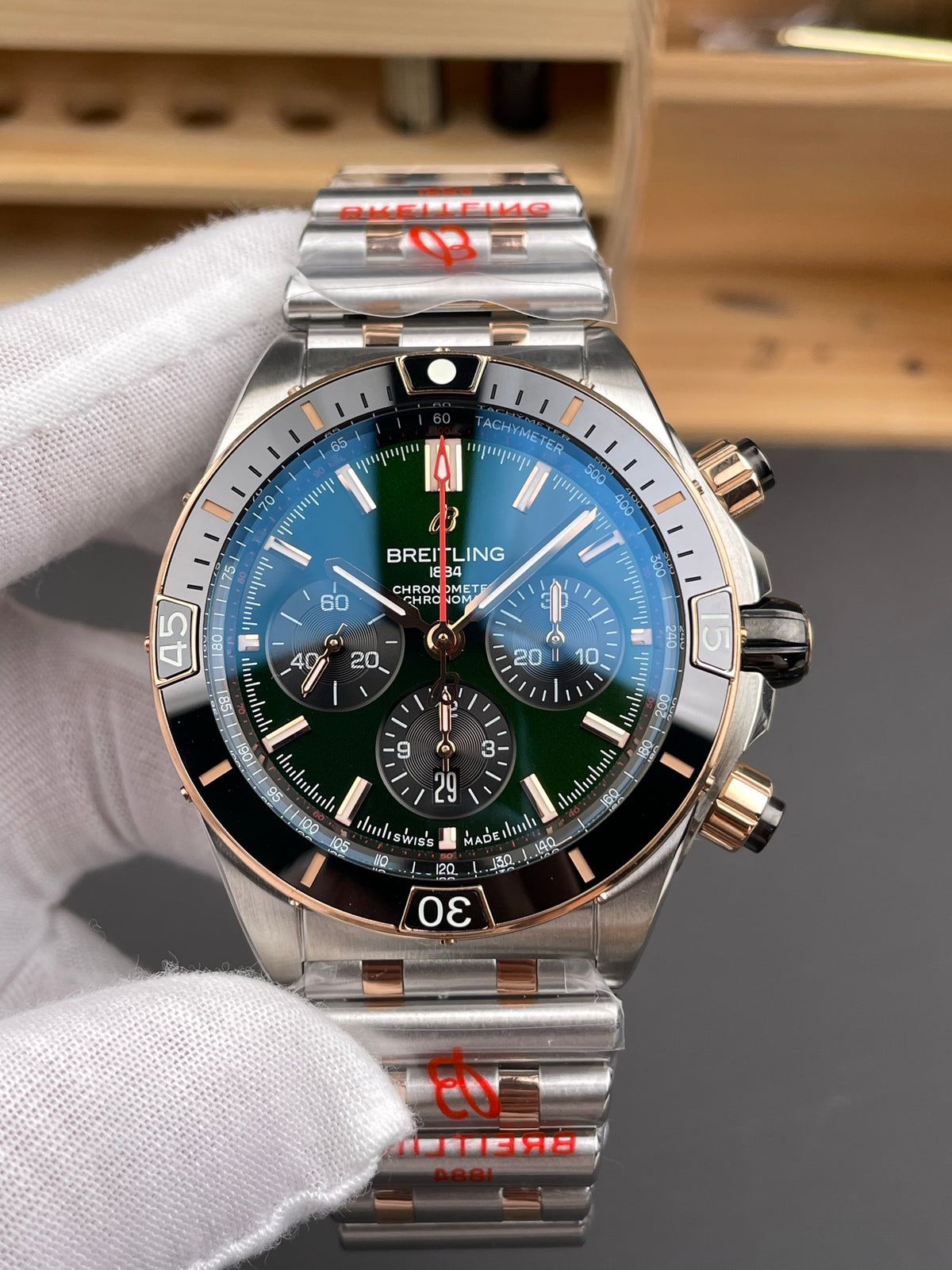 Breitling Chronomat B01-Style Chronograph – Green/Blue Dial & Two-Tone